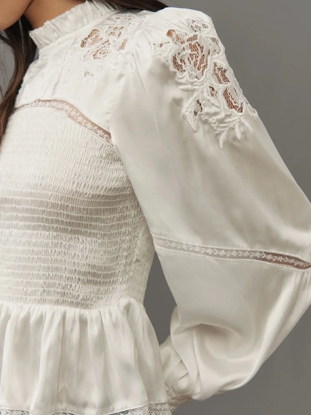 Anthropologie White Smocked Peplum Blouse with Lace Insets